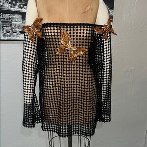 Chic Black sequin mesh Dress with Gold Butterfly Details